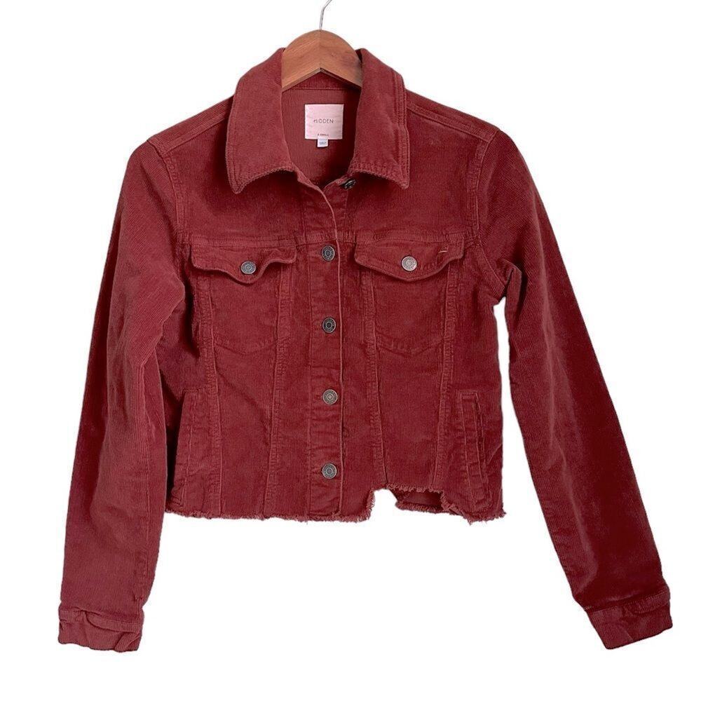 Hidden XS Cropped Corduroy Jacket Burgundy Red Button Front Frayed Hem Boho